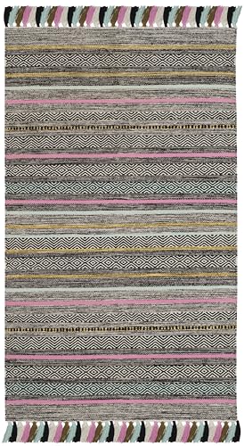 SAFAVIEH Montauk Collection Accent Rug - 3' x 5', Black & Multi, Handmade Boho Stripe Fringe Cotton, Ideal for High Traffic Areas in Entryway, Living Room, Bedroom (MTK901B) - color: Black/Multi, size: 3' x 5' (Rectangular)