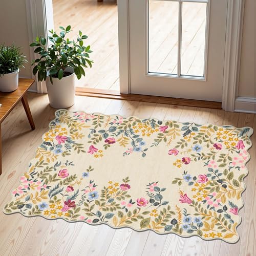 Front Door Mat Outside Entrance - 2x3 Beige Colorful Floral Non-Slip Washable Doormat Indoor Outdoor Mat Boho Vintage Entry Rug Small Throw Rugs for Entryway Kitchen Front Porch Decor - color: Floral - Beige, size: 2' x 3' (Rectangular)
