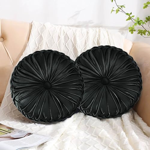 HIG Set of 2 Black Velvet Decorative Round Pleated Throw Pillows | Vintage Floor Pillows, Classy Accent Pumpkin with Center Button, for Sofa Couch Vanity Chair Bed, 14.5" Diameter - color: Black
