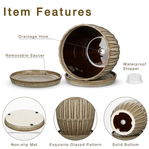 Oairse Ceramic Pots for Indoor Plants, 4.7 +5.7 inch Pots for Plants Set of 2 Brown Plant Pots with Drainage Holes and Saucers Texture Ceramic Planters Indoor Outdoor Flower Pot for Succulent - style: Conical Shaped