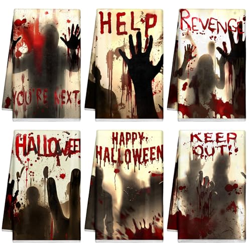 Ganeen 6 Pcs Halloween Kitchen Towels Scary Ghost Dish Towels Bloody Text Hand Towel Horror Zombie Towels 14.2 x 21.3 Inch for Decorative Bathroom Guest Holiday - color: Bloody