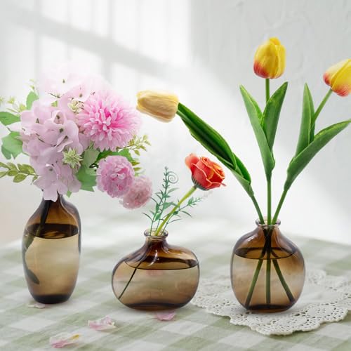 Clear Glass Bud Vases Set of 3, Small Mini Glass Vases for Flowers | Vintage Vases for Centerpieces,Flower Vase Bulk for Wedding,Table Decorations,Home Decor(Amber) - color: Amber