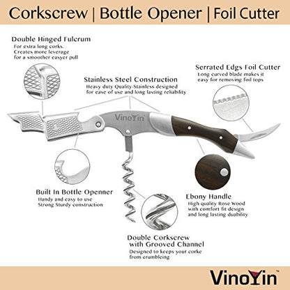 All In One Waiter's Corkscrew Gift Set - Stainless Steel with Ebony Wood Inlay - Includes Wine & Beer Bottle Opener and Foil Cutter, with Gift Box by VinoYin