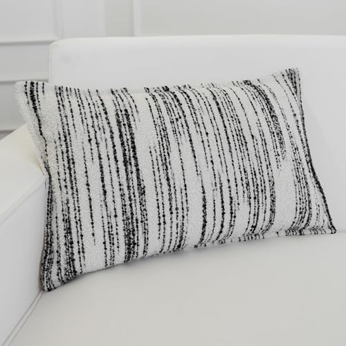 THE-TINOART White & Black Boucle Jacquard Lumbar Pillow Cover - Modern Geometric Pattern for Sofa and Bed, Luxury Woven Textured Pillow Case, 12x20 Inches - color: Black Stripe, size: 20" x 12" (Pack of 1)