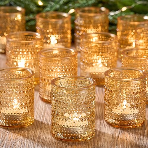 24 Pack Clear Glass Votive Candle Holders, Vintage Candle Holder for Floating Candle, Tealight Candle Holder for Table Centerpieces Home Bridal Shower Birthday Christmas Table Decoration (Amber) - color: Amber