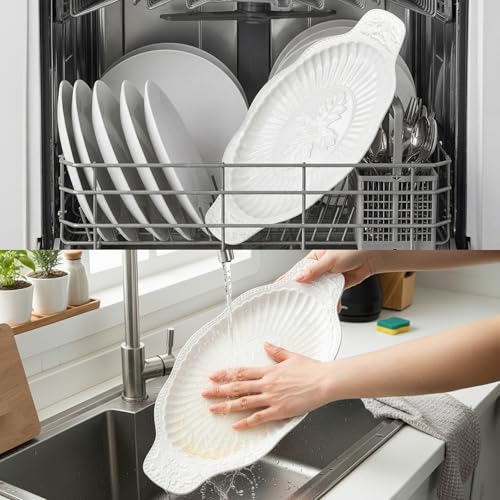 2 Pack Porcelain Oval Serving Platters, 14 Inch Large Embossed White Serving Plates for Entertaining, Oven Safe Stackable Ceramic Dinner Tray for Fish, Meat, Appetizers, Fruits, Dessert