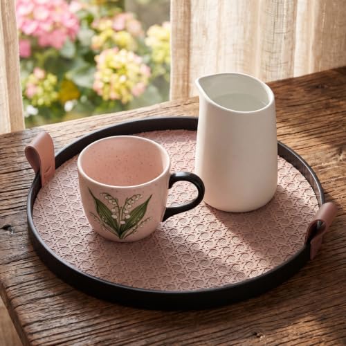 12 Inch Round Ottoman Tray, Woven Leather Decorative Tray,Brown | PU Leather Texture, Smooth Handles, Waterproof Surface, Easy Care Design, Coffee Table Accent, Living Room Home Decor