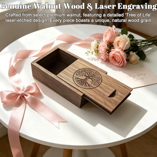 Small Wood Gift Box with Magnetic Sliding Lid, Wood Tree of Life Engraving Tiny Wooden Keepsake Gift Box USB Box for Family/Friends/Photographer/Client(Walnut Wood,3.15x2x0.98inch) - color: Walnut (3.15")