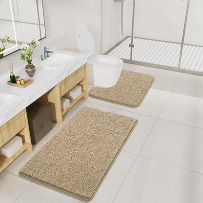 LOCHAS Bathroom Rugs Sets 2 Piece, 20''x20'' & 34''x21'', Sand Beige | Non Slip U-Shaped Toilet Rug, Chenille Washable Absorbent, Soft Bath Mat Set for Shower, Sink - color: Sand Beige