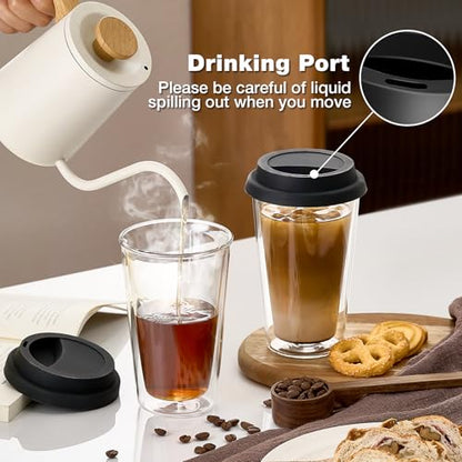 Qipecedm® 2 Packs Double Walled Glass Coffee Mugs with Silicone Lids, 12 OZ Reusable Glass Coffee Cups, Insulated Coffee Mugs, Cappuccino,Tea,Latte,Iced Coffee Cups, Glass Travel Mug, Heat Resistant