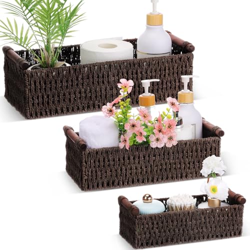 Boao 3 Pcs Boho Storage Wicker Baskets Handmade Woven Decorative Paper Rope Baskets for Organizing with Handle Countertop Toilet Paper Storage Container for Toilet Tank Top(Dark Brown,Rectangle) - color: Dark Brown, style: Rectangle