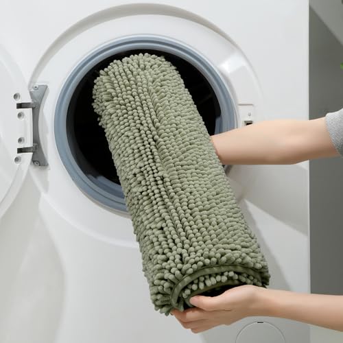 HOMEIDEAS 3 Pieces Bathroom Rugs, Ultra Soft Non Slip Absorbent Chenille Toilet Bath Mat Set (Sage Green) - color: Green-sage Green, size: 17"x24"+20"x32"+U Shape 20"x24"