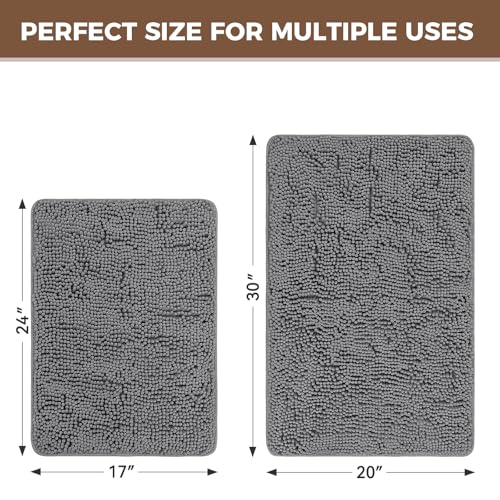 Bcoimo Bath Rug Mat Sets, 2 Piece Extra Soft Chenille Gray Bathroom Mat Set | Non Slip with Rubber BackingBathroom Rug set; Machine Washable;Extra Soft Bath Rug;High Absorbent、Quick Drying Microfiber mat - color: Grey, size: 30×20 Plus 24×17