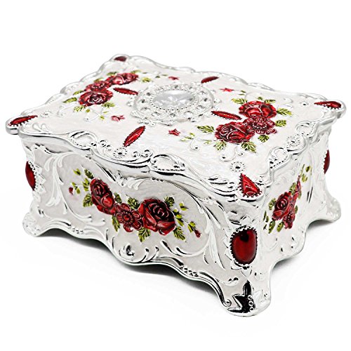 Luxury Vintage Rectangle Metal Alloy Jewelry Box Trinket Organizer Storage Box with Rose Pattern for Women, Girls, Two-Layer Design, White & Red, Large - color: White & Red