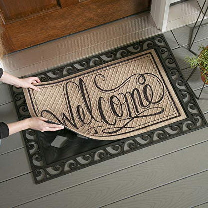 Evergreen Flag Beautiful Black Cutout Scroll Embossed Durable Welcome Mat Tray - 36 x 24 Inches Fade and Weather Resistant Outdoor Doormat Tray for Homes, Yards and Gardens