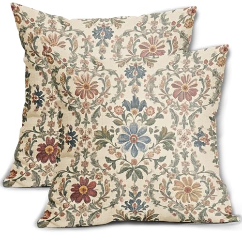 Vintage Floral Pillow Covers 16x16 Inch Set of 2, Antique Flower Block Print Decorative Throw Pillowcases Outdoor Farmhouse Cushion Covers Rustic Decor for Sofa Couch Bed - color: Blue Green Rust Red, size: 16" x 16" (Pack of 2)
