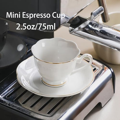 White Porcelain 75ml Demitasse Set of 8 (16-Piece) - 2.5oz Espresso Cups & Saucers, Elegant White & Gold Trim Coffee Set for Turkish Coffee, After Dinner, Gift Giving - size: 2.5oz