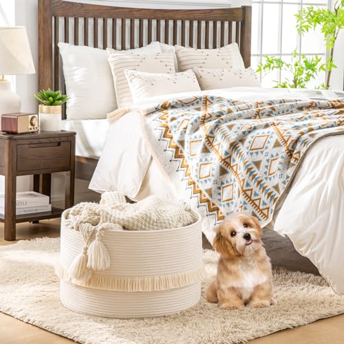 KAKAMAY Large Blanket Basket (20"x13"),Woven Baskets for storage Baby Laundry Hamper, Cotton Rope Blanket Basket for Living Room, Laundry, Nursery, Pillows, Baby Toy chest (White) | Extra Large Capacity,Blanket Storage | Laundry Basket | Natural Cotton Ro