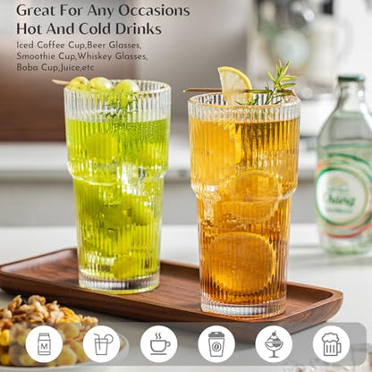 INSETLAN 20oz Ribbed Glass Tumbler Set of 8 – Large Capacity Drinking Glasses for Iced Coffee, Water, Juice, and Cocktails – Elegant Modern Glassware for Everyday Use and Special Occasions