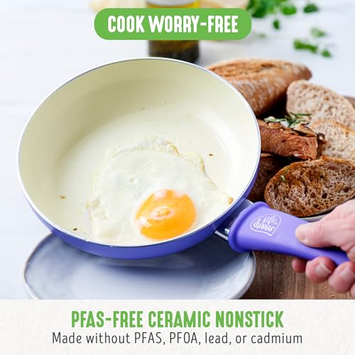 GreenLife 16 Piece Ceramic Nonstick Pots & Pans Cookware Set, Periwinkle | PFAS-Free Nonstick Coating, Stockpot, Frying Pans, Saucepans, Sauté Pan, Stay-Cool Handles, Dishwasher & Oven Safe up to 350F - color: Periwinkle, style: Soft Grip