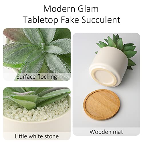 Hopewood Faux Agave Succulent Plant in White Ceramic Pots with Bamboo Tray | Artificial Succulents Plant Faux Agave Greenery Fake Potted Plant for Bedroom Home Office Desk Living Room Decor - size: Agave 1 piece
