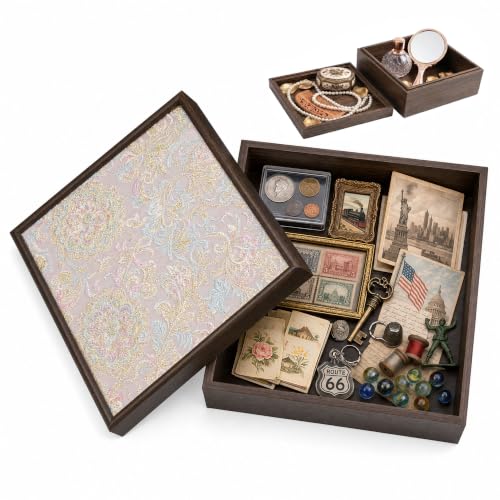 Decorative Keepsake Memory Box, MDF Wooden Storage Box with Lid | 2-in-1 design, walnut-toned finish, floral jacquard, lid flips to display tray, 7.68" for keepsakes, photos & jewelry - color: Pink