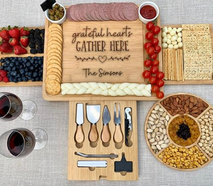 Thanksgiving Custom Engraved Cheese Board Set – Bamboo Charcuterie Board with Knives & Tray – Personalized Wedding Registry, Housewarming & Holiday Gift - color: Design #39