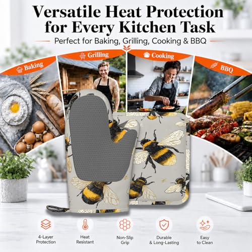 Happy Busy Bees Oven Mitts and Pot Holders Sets Non-Slip Silicone Surface for BBQ Gloves,Kitchen,Cooking,Baking,Grilling - color: Happy Busy Bees