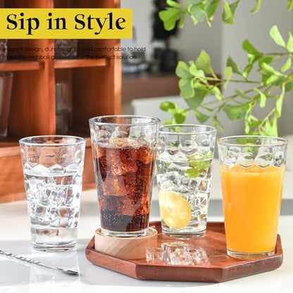 ALINK 16 oz Drinking Glasses, Set of 6 Highball Glass Cups Bar Glasses, Clear Heavy Base Stemmed Water Glasses for Beer, Iced Coffee Cups, Cocktail Glasses, Wine, Iced Tea, Dishwasher Safe - style: Hexagon Design