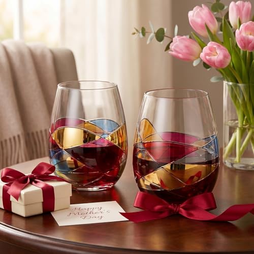 Artisanal Hand Painted Stemless Wine Glasses - Everyday Celebrations, Gift Idea for Wife, Mom, Valentine, Holiday Renaissance Romantic Stain-glassed Windows, 2 Set - Gift Idea Birthday, Housewarming - style: Stemless Glasses Set