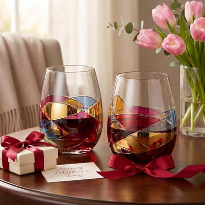 Artisanal Hand Painted Stemless Wine Glasses - Everyday Celebrations, Gift Idea for Wife, Mom, Valentine, Holiday Renaissance Romantic Stain-glassed Windows, 2 Set - Gift Idea Birthday, Housewarming - style: Stemless Glasses Set