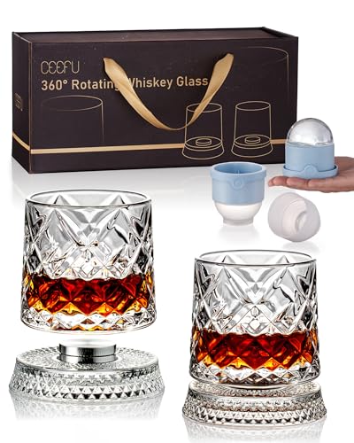 CEEFU 360° Spinning Whiskey Glasses Set with Gift Box, Set of 2 | Old Fashioned with Rotating Base - 2 Big Ice Ball Molds - Bourbon, Cocktail, Rocks, Bday Gifts Ideas for Men, Ice Crackle - size: 9.5 oz-Ice Crackle Pattern