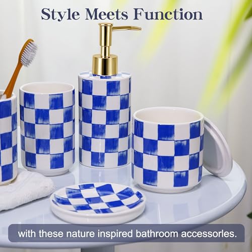 Ceramic Bathroom Soap Dispenser Set, Checkered Bathroom Vanity Set with Lotion Pump, Toothbrush Holder, Soap Dish & Storage Jar, Modern Bathroom Sink Accessories (Blue) - style: Blue