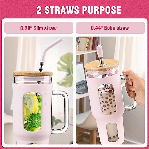 WINSA Glass Tumbler with Lid and Straw, 46 oz, Cotton Pink | Iced Coffee Cup with Handle, Large Water Bottle with Silicone Sleeve, Pearl Straw & Drinking Straw, BPA Free - color: CottonPink, size: 46 Ounces