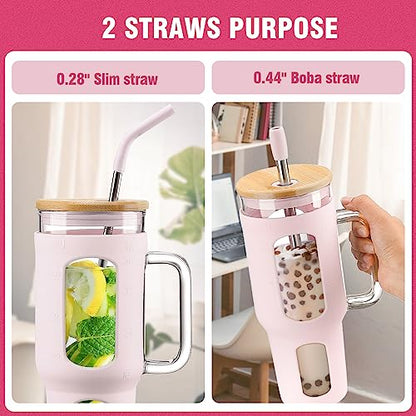 WINSA Glass Tumbler with Lid and Straw, 46 oz, Cotton Pink | Iced Coffee Cup with Handle, Large Water Bottle with Silicone Sleeve, Pearl Straw & Drinking Straw, BPA Free - color: CottonPink, size: 46 Ounces