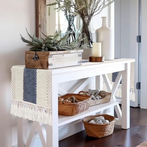Table Runner 72 Inches Long, Blue and White Table Runner - Farmhouse Coastal Boho Macrame Dresser Runners for Bedroom, Dining & Coffee Table with Tassels - color: Blue, size: 72 inches