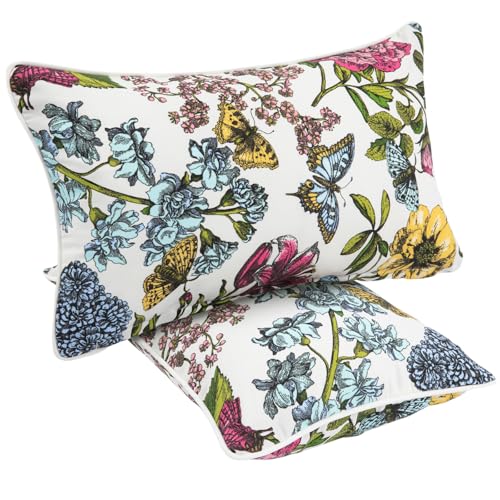 Water Resistant Outdoor Lumbar Pillows for Patio Furniture,12x20 Inch Decorative Pillows Set of 2 with Insert,Hidden Zipper Headrests for Sofa Couch Chair(Butterfly Flower) - color: Butterfly, size: 20" x 12" (Pack of 2)
