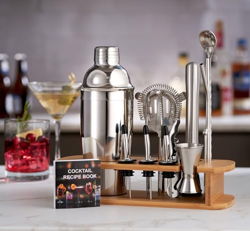 FineDine 17-Piece Stainless Steel Bar Set Cocktail Shaker Set Bartender Kit | Mixology kit, stainless steel bar tools, shaker tins, jigger, strainer, muddler, spoon, pourers, stand, home bartending