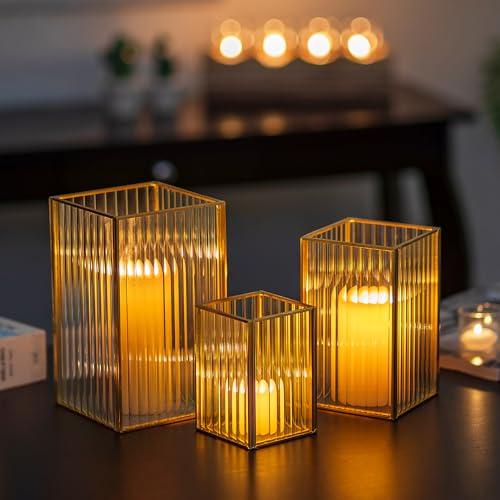Glasseam Hurricane Glass Candle Holder: Ribbed Gold Pillar Candle Holders Set of 3 Square Metal Candle Holders for Table Centerpiece Modern Small Lanterns Decorative Indoor for Christmas Wedding Decor - color: Gold, size: Style 1