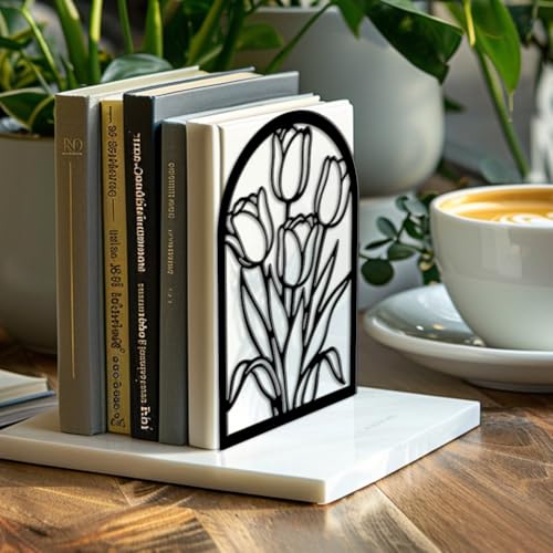 5.3"x4.3"x7.9" Metal Bookends, Heavy Duty Book Ends for Shelves | Tulips Theme Cast Iron Book Supports, 1 Pair Decor Stoppers for Desk, Library, Office & Home Shelves - style: Tulips