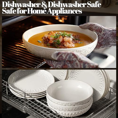 Pasta Bowls 32oz, Ceramic Large Salad Bowls 8 inch, White Embossed Soup Bowl Set of 4 for Entertaining, Serving, Dinner, Wide Shallow Microwave Dishwasher Oven Safe (Snowflake) - color: Snowflake