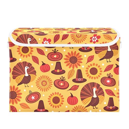 Thanksgiving Sunflower Turkey Storage Bins with Lids and Carrying Handle,Foldable Storage Boxes Organizer Containers Baskets Cube with Cover for Home Bedroom Closet Office - color: Thanksgiving Sunflower Turkey