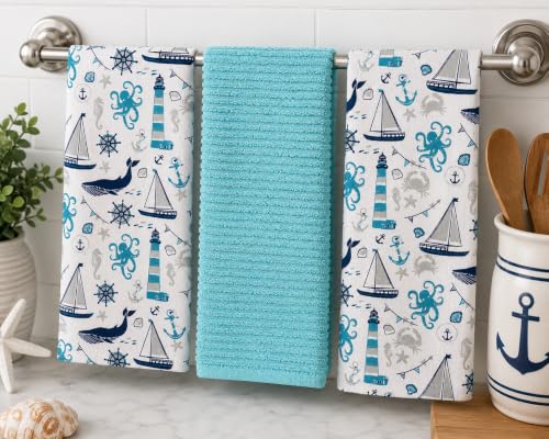 Coastal Kitchen Dish Hand Towel Set: Nautical Ocean Lighthouse Sea Life Design, Set of 3, 100% Cotton (Coastal) - color: Coastal