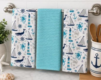 Coastal Kitchen Dish Hand Towel Set: Nautical Ocean Lighthouse Sea Life Design, Set of 3, 100% Cotton (Coastal) - color: Coastal