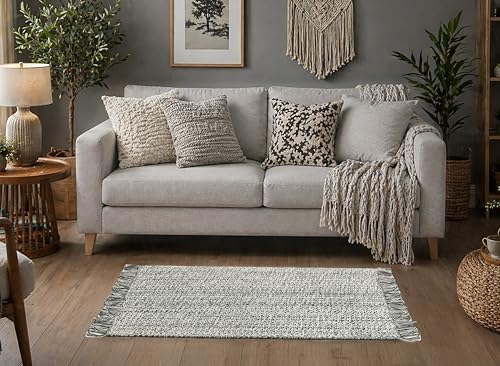 COTTON CRAFT Woven Area Rug - 2 Pack Entryway Rug with Fringe - 22x34 Inch | Grey Natural Reversible Boho Farmhouse Rustic Cotton Throw Rug Carpet - Washable Mat for Bedroom Living Room Kitchen Bathroom - color: Grey - 2 Pack, size: 1'10" x 2'10" (Rectang
