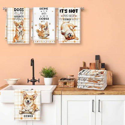 Redbaker 6 Pcs Funny Corgi Kitchen Towels Gifts for Corgi Lovers Dish Towel Yellow White Dog Kitchen Hand Decorative Tea Dishcloth with Hanging Loop for Dog Owners Bathroom Home Housewarming Gift - style: Corgi