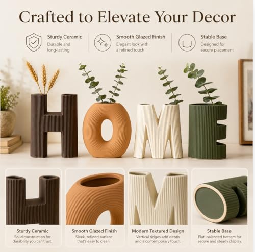 Home Sign Vases Set of 4, Ceramic Letter Flower Vases with Ribbed Texture, Modern Boho Decorative Vases for Living Room Shelf Decor, Entryway Table Centerpiece, Bookshelf, Office, Housewarming Gift