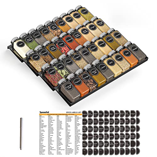 SpaceAid Spice Drawer Organizer with 36 Spice Jars, 386 Spice Labels, 4 Tier Seasoning Rack Tray Insert for Kitchen Drawers, 16.75" Wide x 17.5" Deep - size: 36 Jars, 16.75" Wide