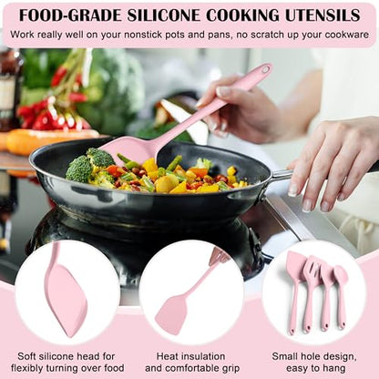 HaWare Kitchen Utensils, 14 PCS Silicone Cooking Utensils Set, Heat Resistant Kitchen Utensils for Non-stick Cookware, Kitchen Gadgets Tools with Spoons, Spatulas, Whisk, Dishwasher Safe (Pink) - color: Pink