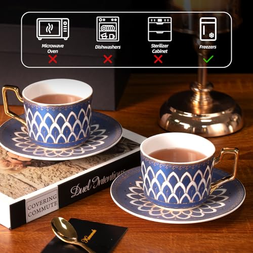 KAMMAK Tea Cups and Saucers Set of 2, Fine Bone China Coffee Cups, NX027 | Stackable Espresso Mugs, Ceramic Demitasse for Coffee, Cappuccino, Latte, Americano, Tea - size: 8CZNX027